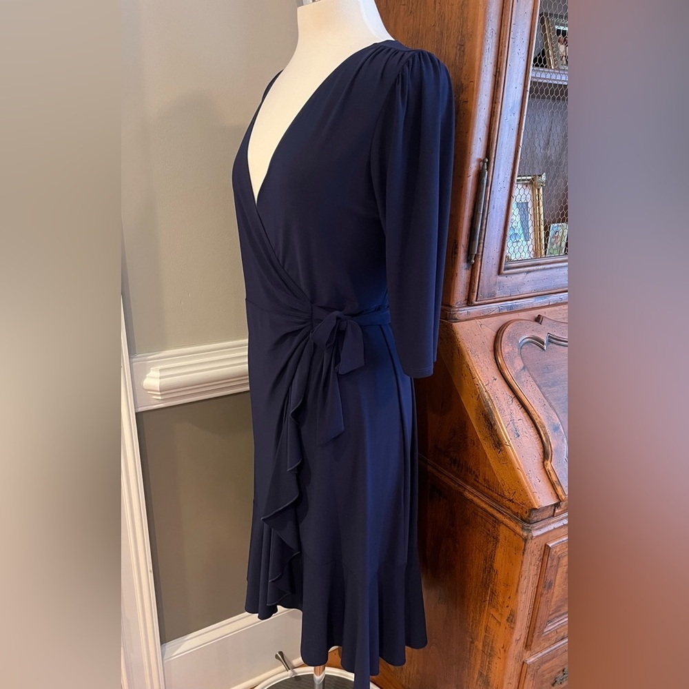 Kiyonna Plus Size Whimsy Ruffled Midi Wrap Dress with 3/4 Sleeves - Picture 6 of 10